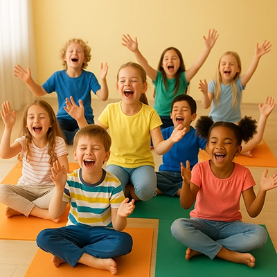 Groupe d'enfants riants participant à une session de yoga du rire