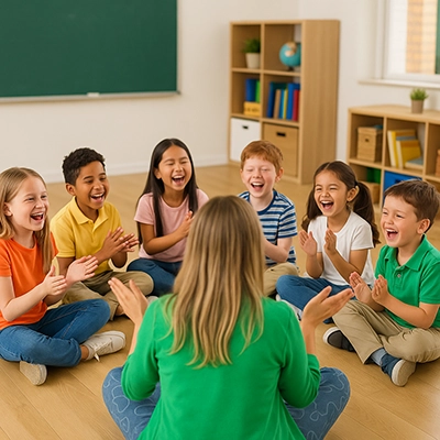 Animatrice avec un  groupe d'enfant dans une séance de yoga du rire